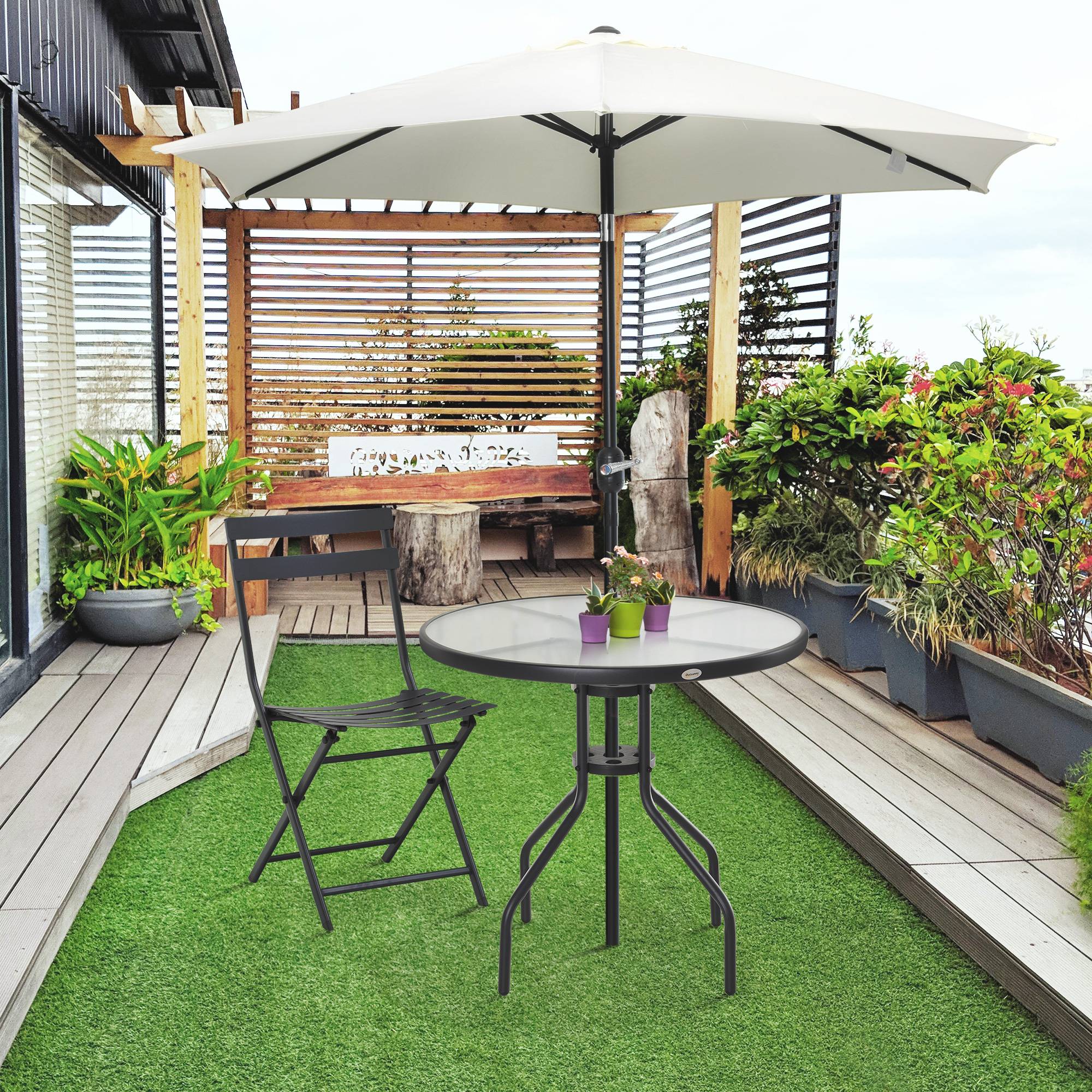Table de Jardin Acier Verre Trempé Balcon Trou Parasol Ø80x72cm Noir - ComfortXL Outdoor Living - Image 4