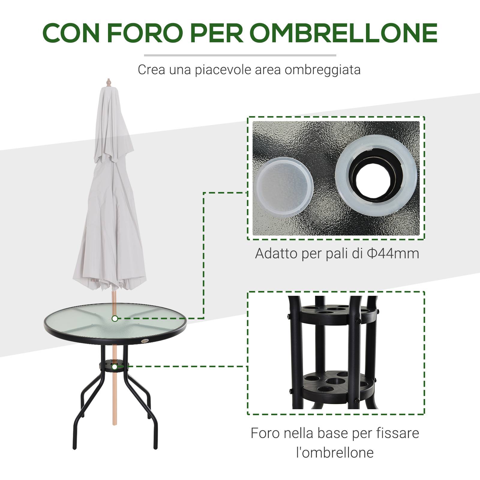 Table de Jardin Acier Verre Trempé Balcon Trou Parasol Ø80x72cm Noir - ComfortXL Outdoor Living - Image 6