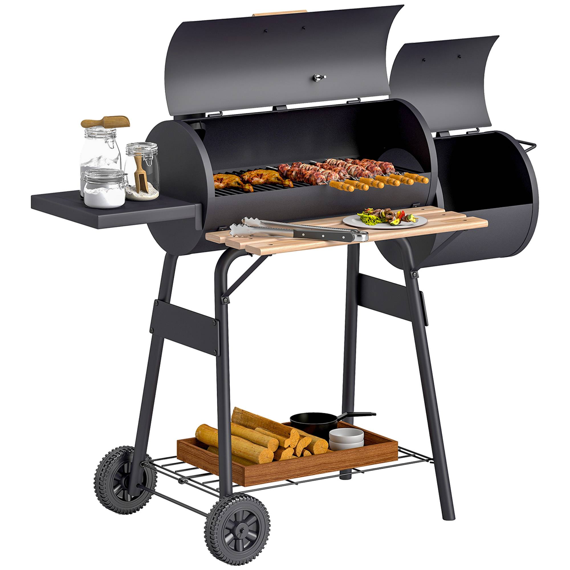 Barbecue à charbon avec couvercle et fumoir, barbecue de jardin avec étagères et roulettes, 124 x 53 x 104 cm, noir - Image 1