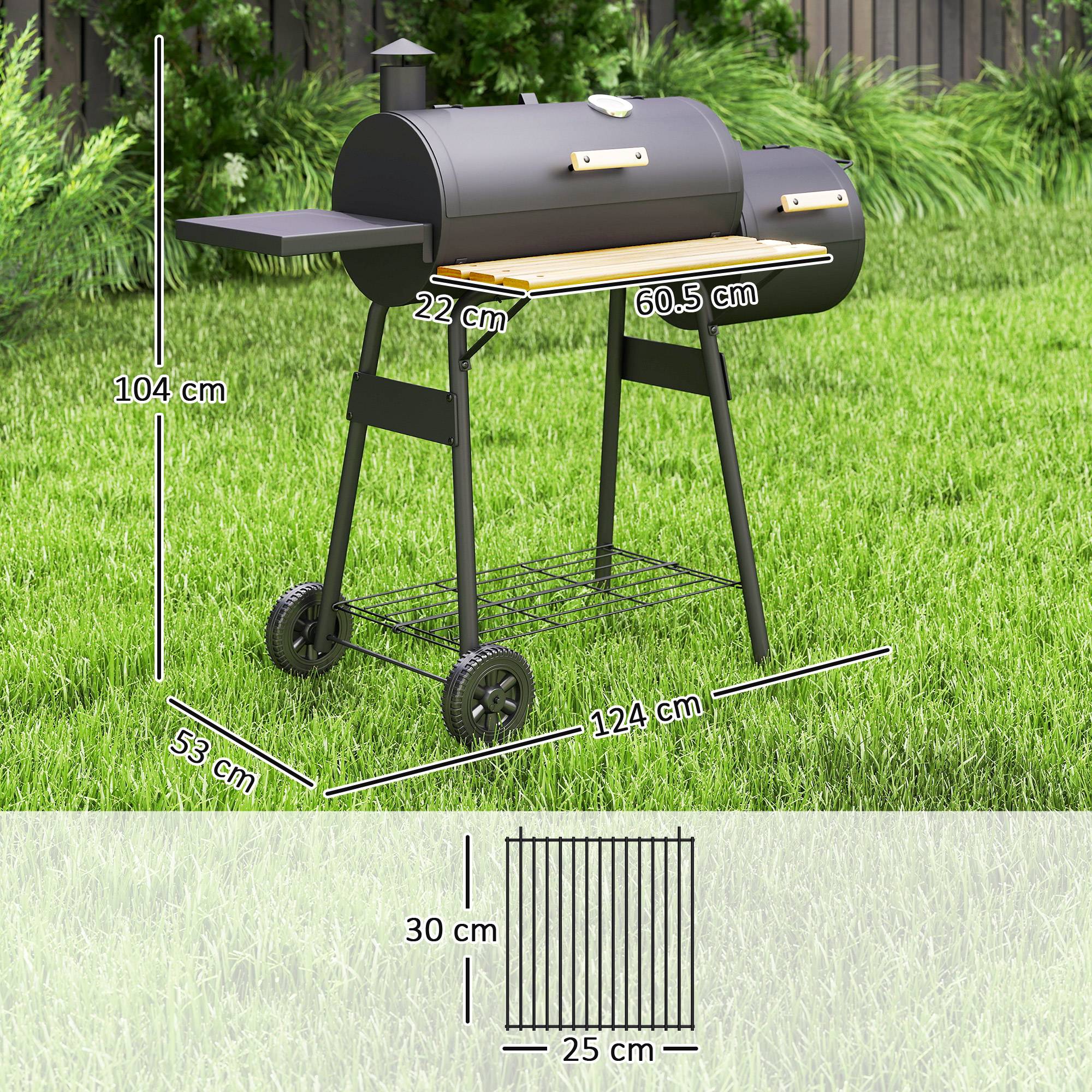 Barbecue à charbon avec couvercle et fumoir, barbecue de jardin avec étagères et roulettes, 124 x 53 x 104 cm, noir - Image 5