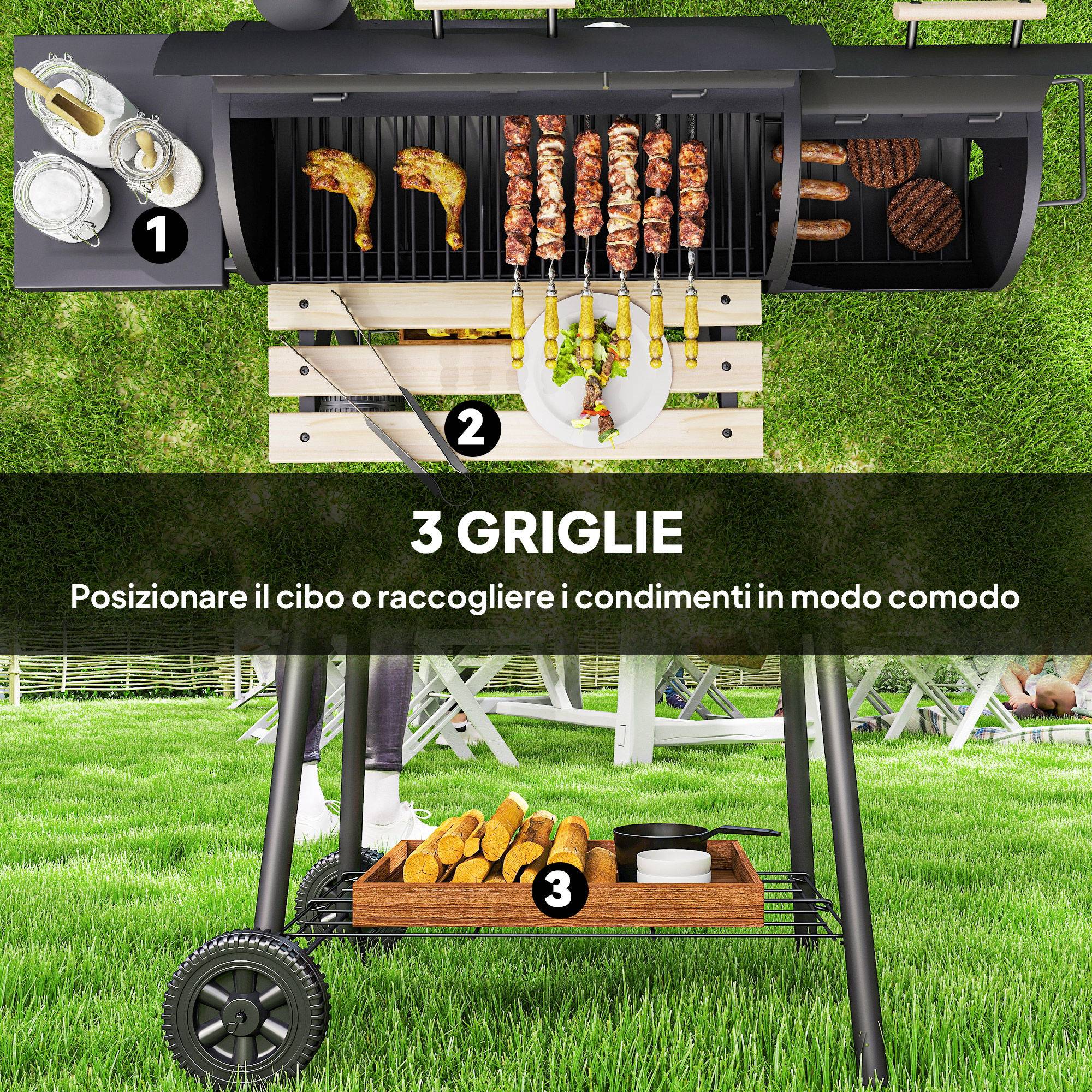 Barbecue à charbon avec couvercle et fumoir, barbecue de jardin avec étagères et roulettes, 124 x 53 x 104 cm, noir - Image 9