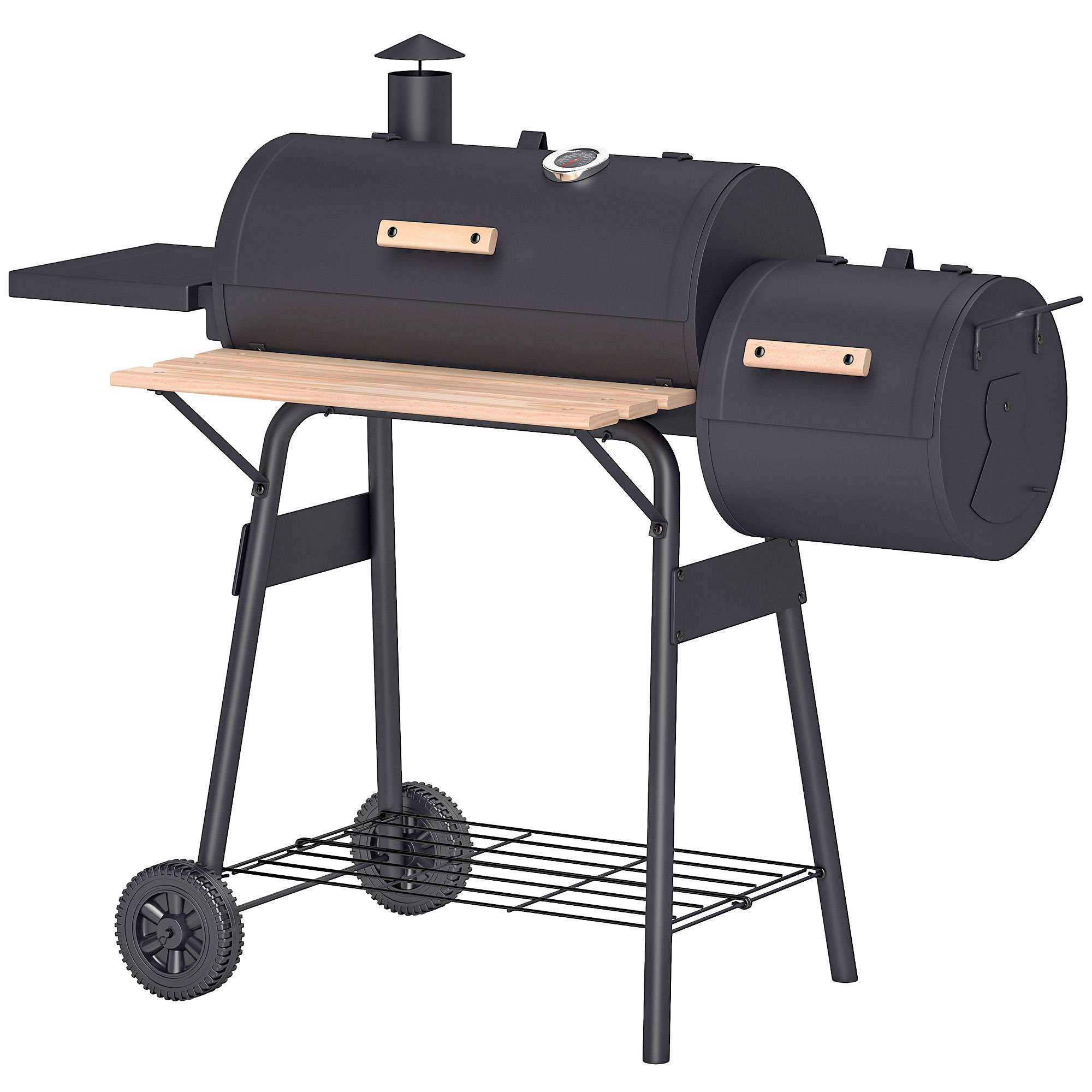 Barbecue à charbon avec couvercle et fumoir, barbecue de jardin avec étagères et roulettes, 124 x 53 x 104 cm, noir - Image 2