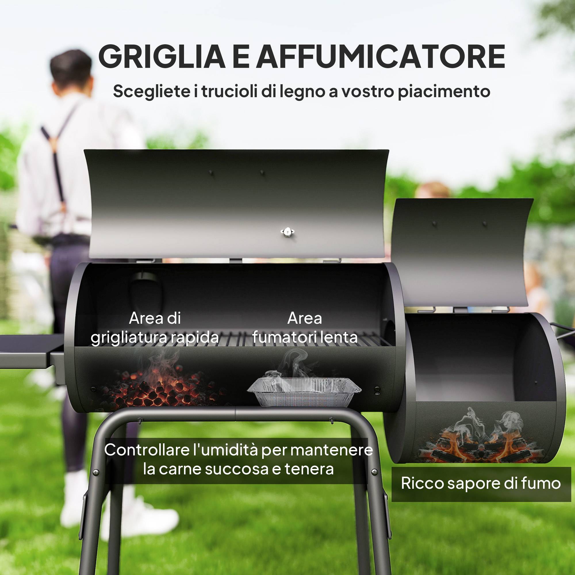 Barbecue à charbon avec couvercle et fumoir, barbecue de jardin avec étagères et roulettes, 124 x 53 x 104 cm, noir - Image 6
