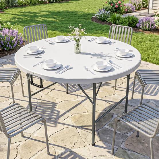 Table ronde de jardin pliante Ø122 cm peut accueillir 6 personnes pour évènement, structure métal, plateau HDPE - Image 4