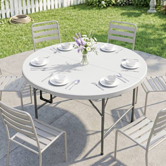 Table ronde de jardin pliante Ø122 cm peut accueillir 6 personnes pour évènement, structure métal, plateau HDPE - Image 3