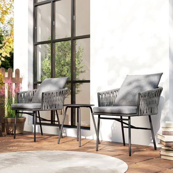 Mobilier de jardin extérieur 3 pièces : 2 fauteuils + table, rotin synthétique, cadre acier, 4 coussins, gris - Image 8