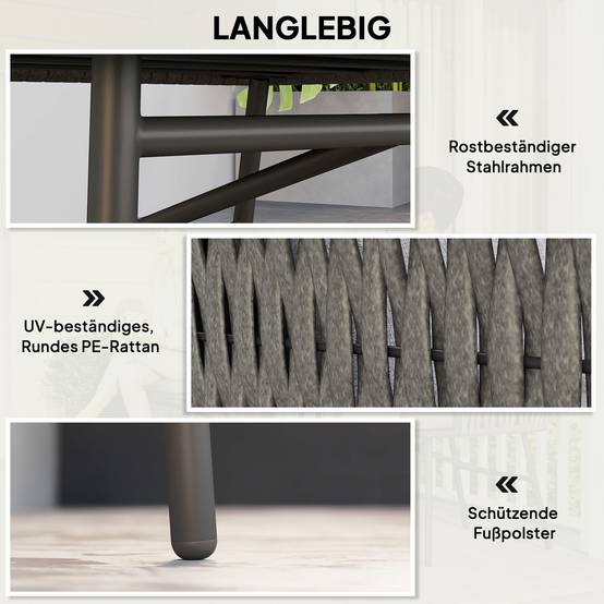 Mobilier de jardin extérieur 3 pièces : 2 fauteuils + table, rotin synthétique, cadre acier, 4 coussins, gris - Image 6
