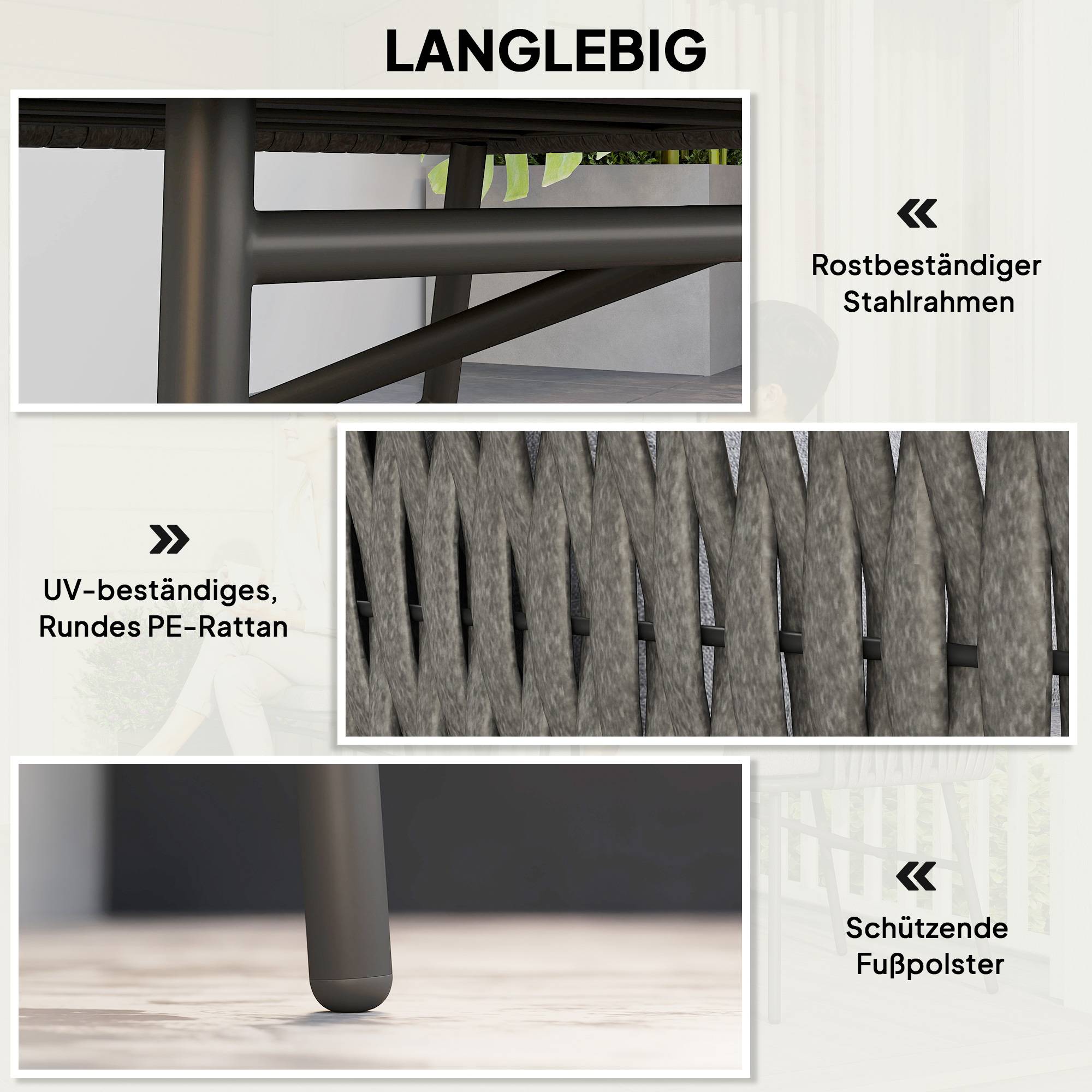 Mobilier de jardin extérieur 3 pièces : 2 fauteuils + table, rotin synthétique, cadre acier, 4 coussins, gris - Image 6