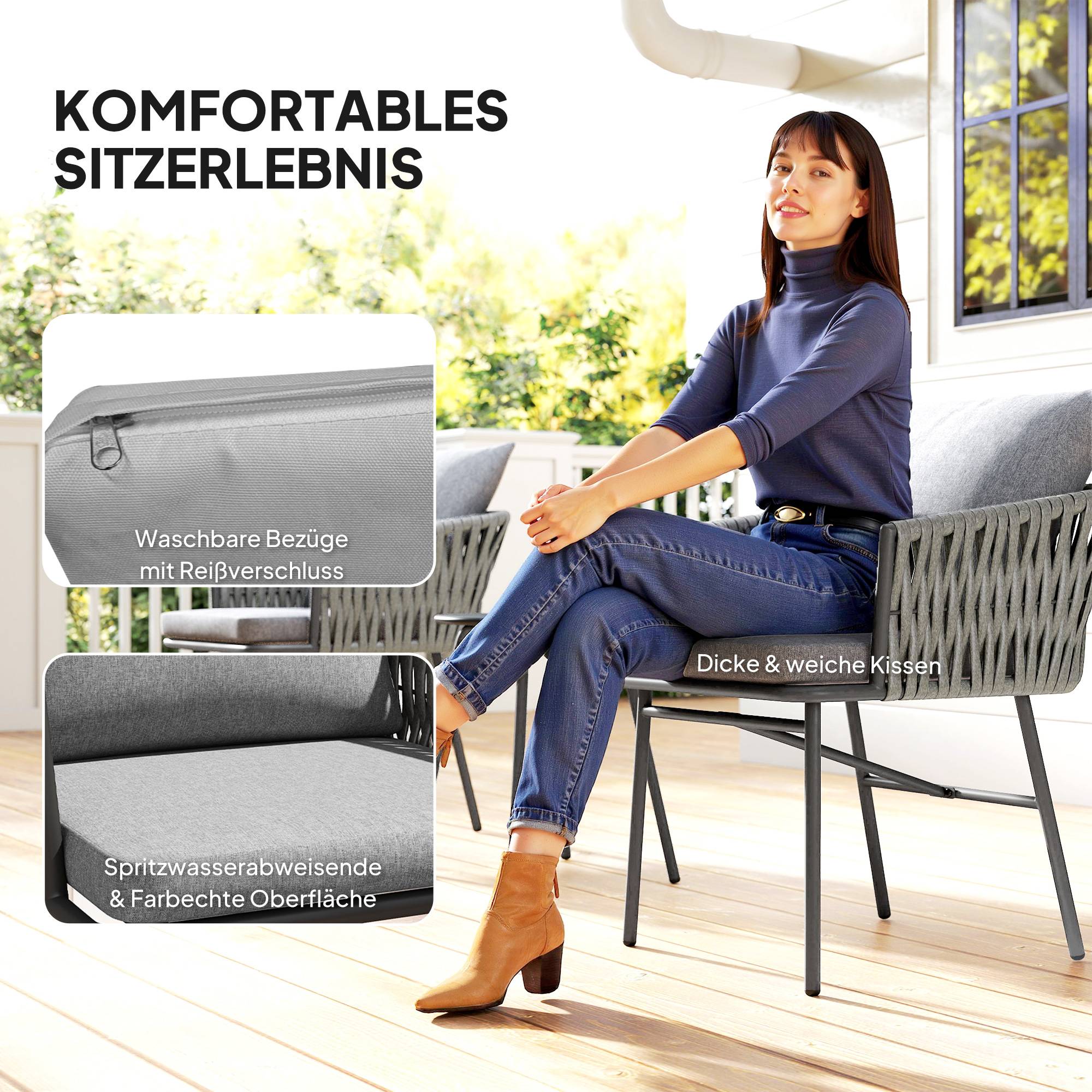 Mobilier de jardin extérieur 3 pièces : 2 fauteuils + table, rotin synthétique, cadre acier, 4 coussins, gris - Image 5