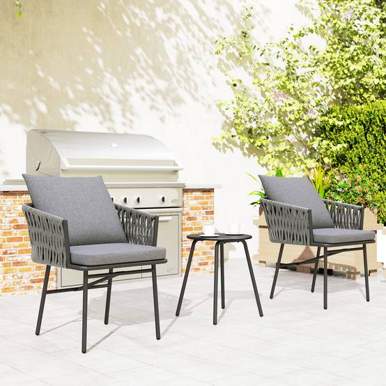Mobilier de jardin extérieur 3 pièces : 2 fauteuils + table, rotin synthétique, cadre acier, 4 coussins, gris - Image 9