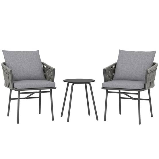 Mobilier de jardin extérieur 3 pièces : 2 fauteuils + table, rotin synthétique, cadre acier, 4 coussins, gris - Image 1