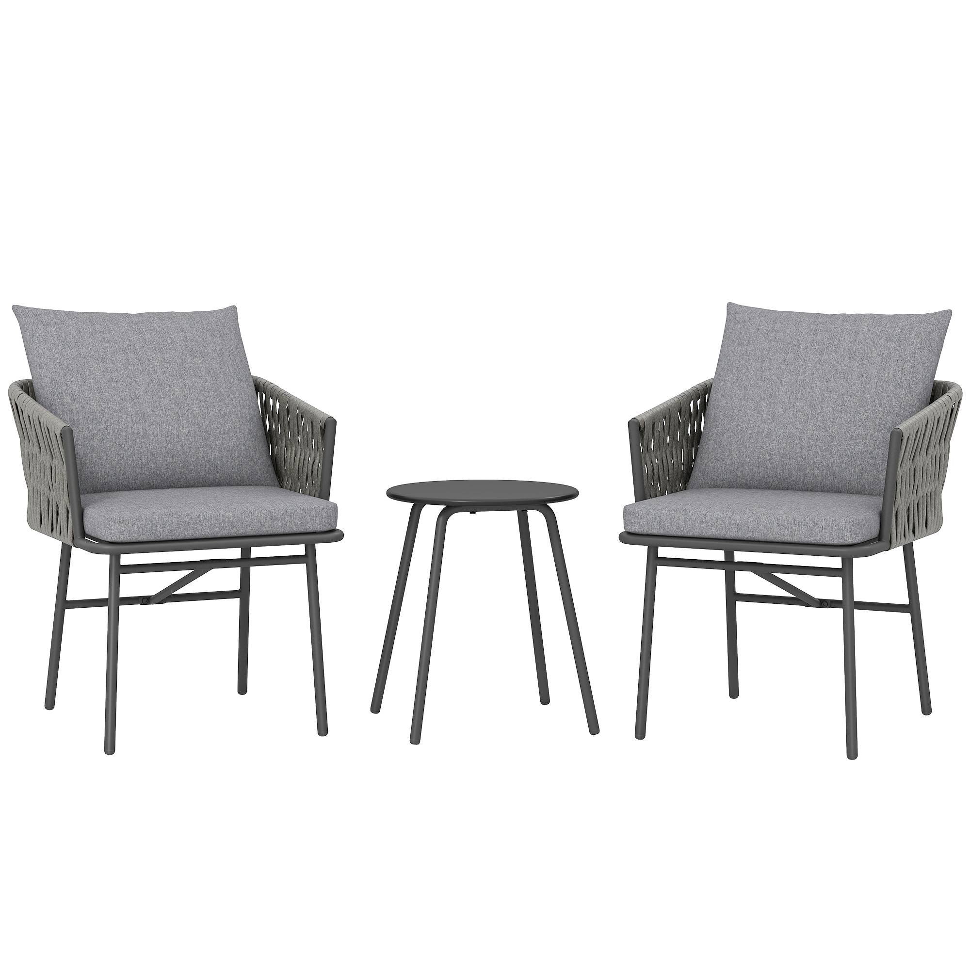 Mobilier de jardin extérieur 3 pièces : 2 fauteuils + table, rotin synthétique, cadre acier, 4 coussins, gris - Image 1