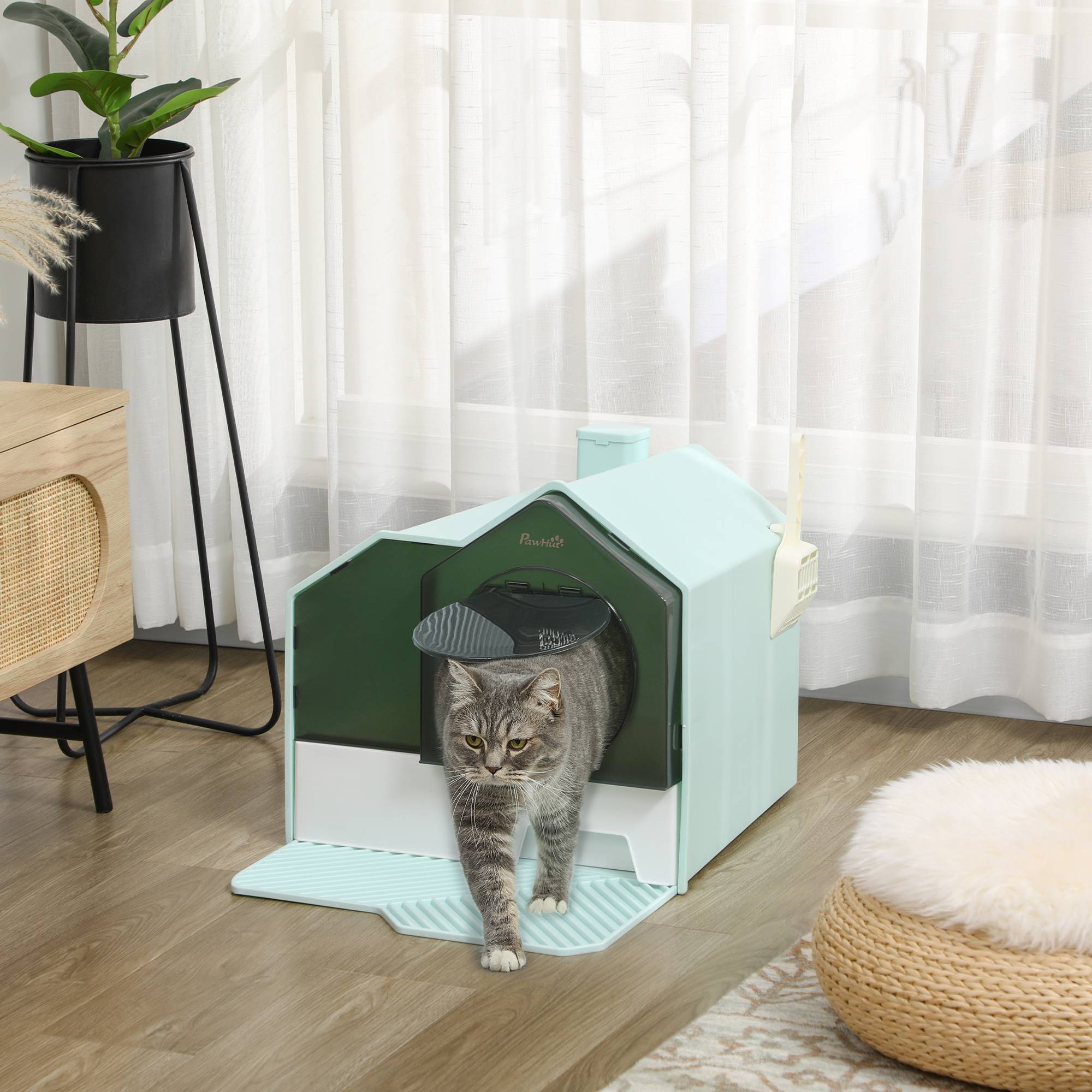 Litière chat fermée bac extraible pelle filtre désodorisant 47x45x42 cm turquoise - Image 4