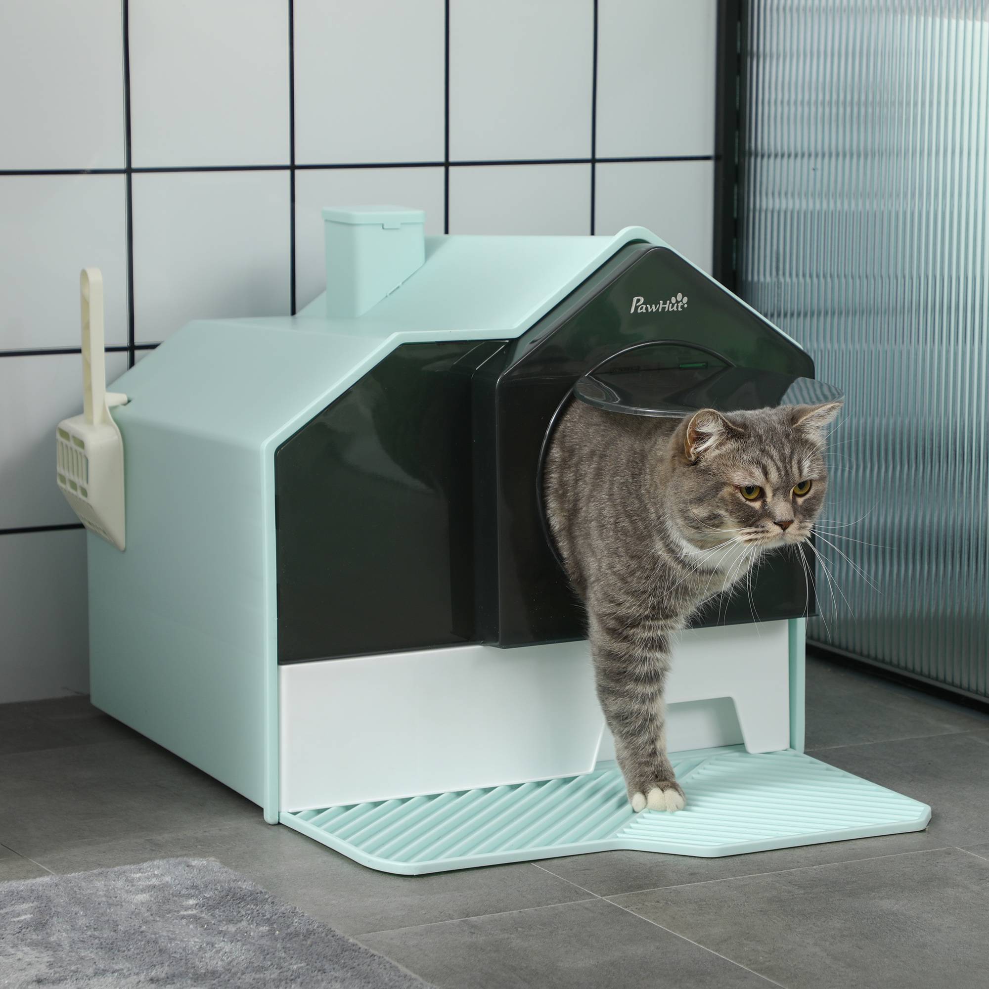 Litière chat fermée bac extraible pelle filtre désodorisant 47x45x42 cm turquoise - Image 3