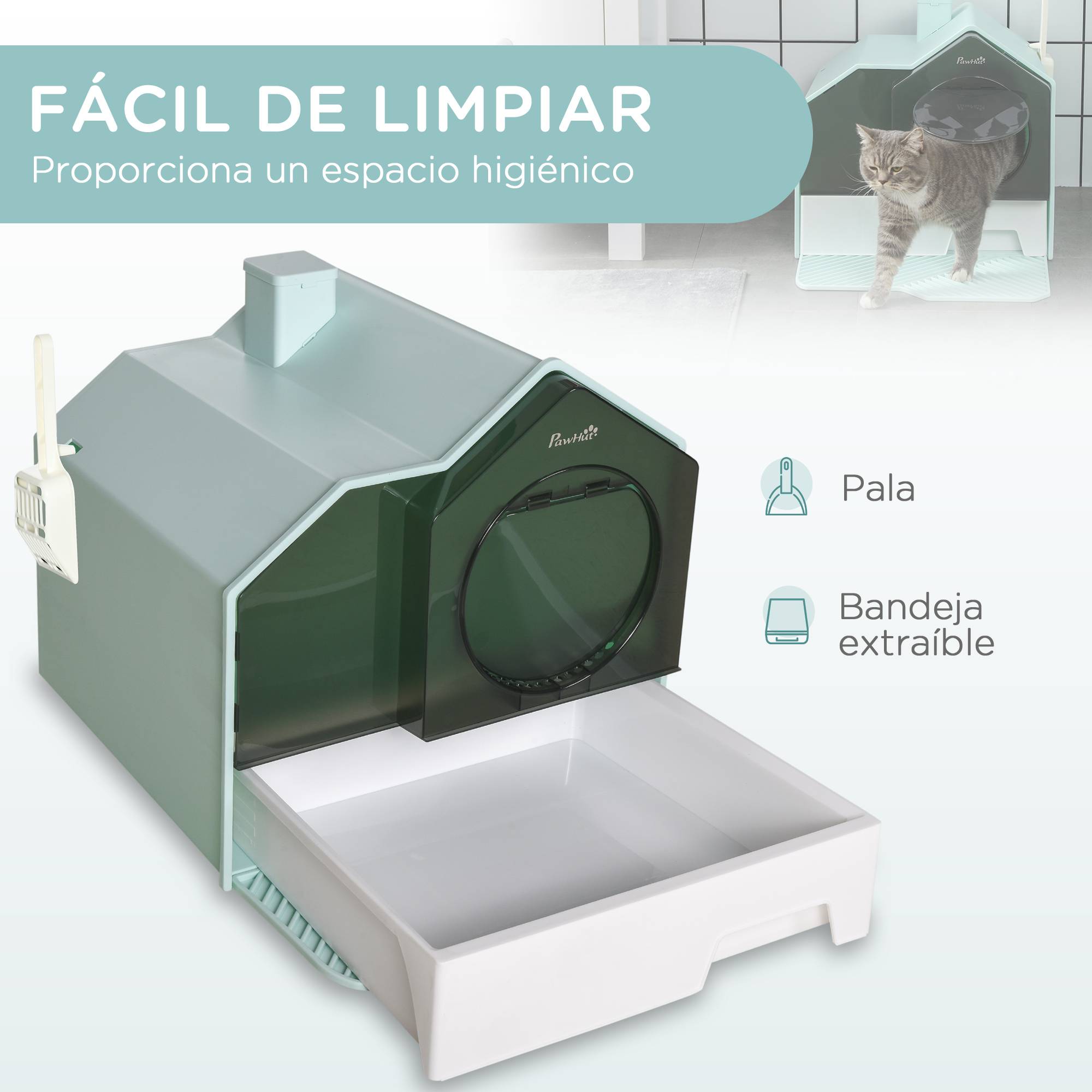 Litière chat fermée bac extraible pelle filtre désodorisant 47x45x42 cm turquoise - Image 7