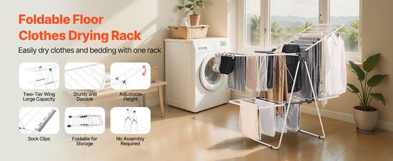 VEVOR Étendoir à Linge Pliable 2 Niveaux avec Pinces à Chaussettes 31 Tiges - Image 9