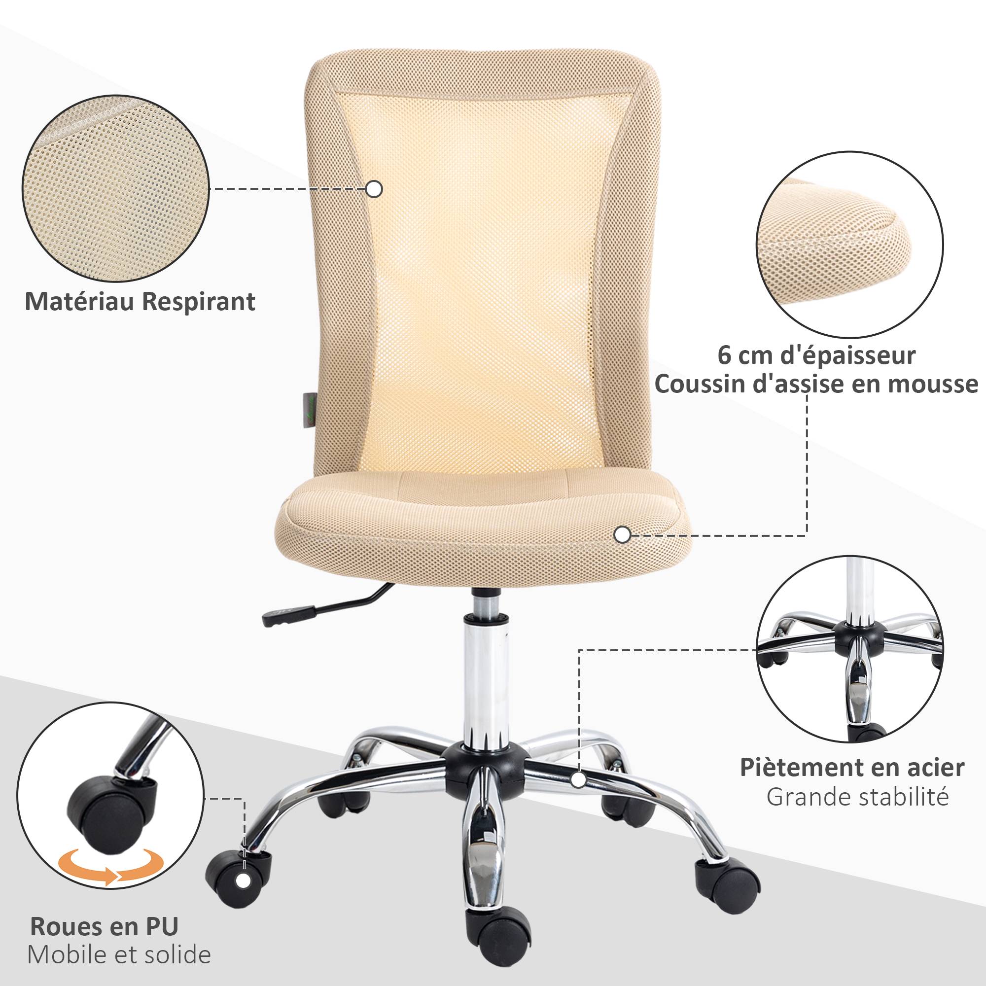 Sans Marque - Chaise de bureau ergonomique hauteur réglable piètement chromé pivotant 360° revêtement maille beige - Image 6