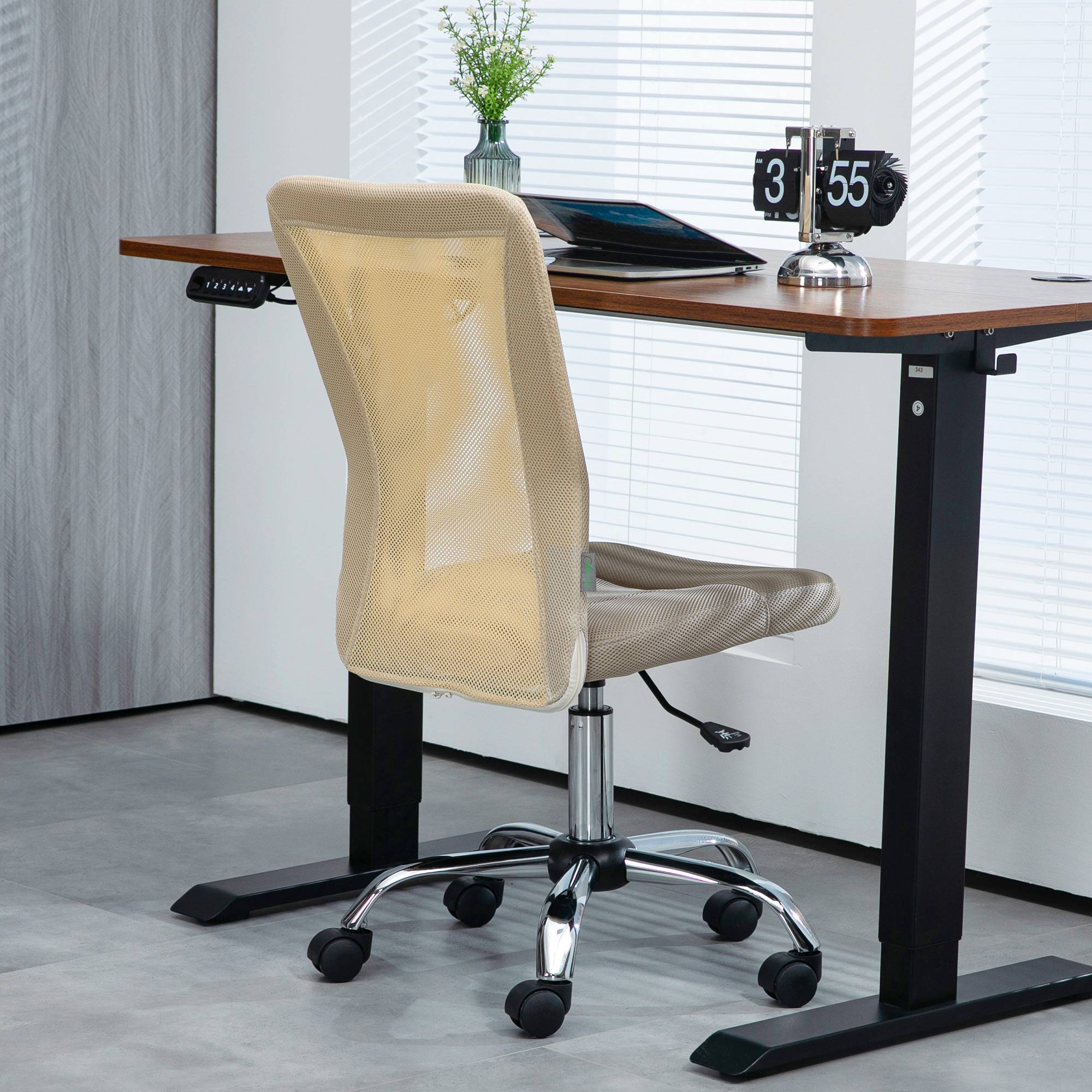 Sans Marque - Chaise de bureau ergonomique hauteur réglable piètement chromé pivotant 360° revêtement maille beige - Image 10