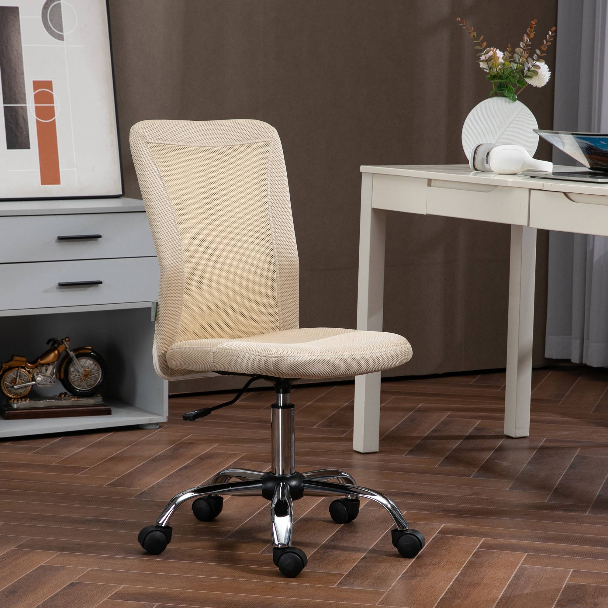 Sans Marque - Chaise de bureau ergonomique hauteur réglable piètement chromé pivotant 360° revêtement maille beige - Image 4
