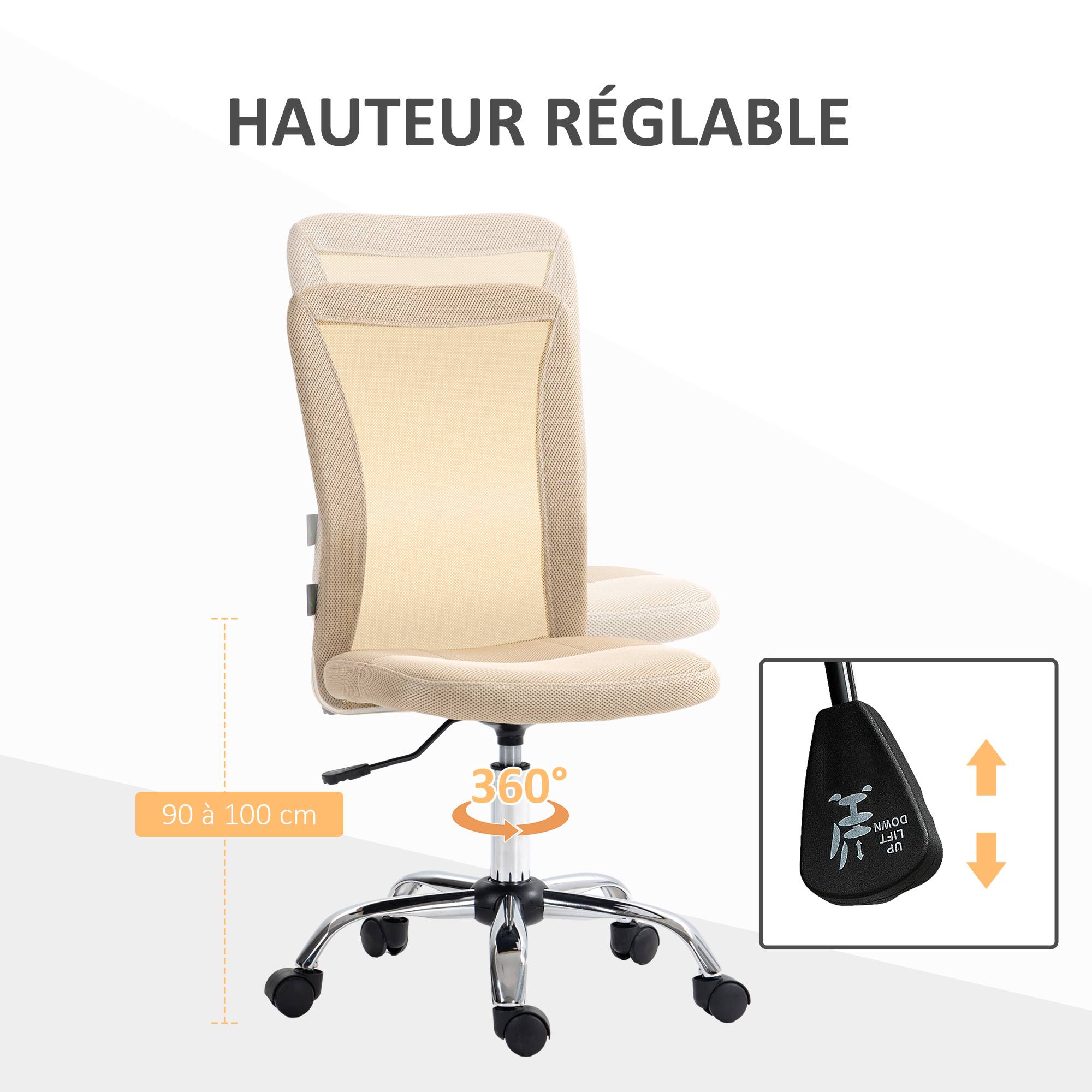 Sans Marque - Chaise de bureau ergonomique hauteur réglable piètement chromé pivotant 360° revêtement maille beige - Image 7