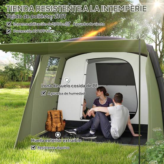 Tente tunnel gonflable pour 3 à 6 personnes avec vestibule, fenêtres en filet et sac de transport étanche, vert olive - Image 7