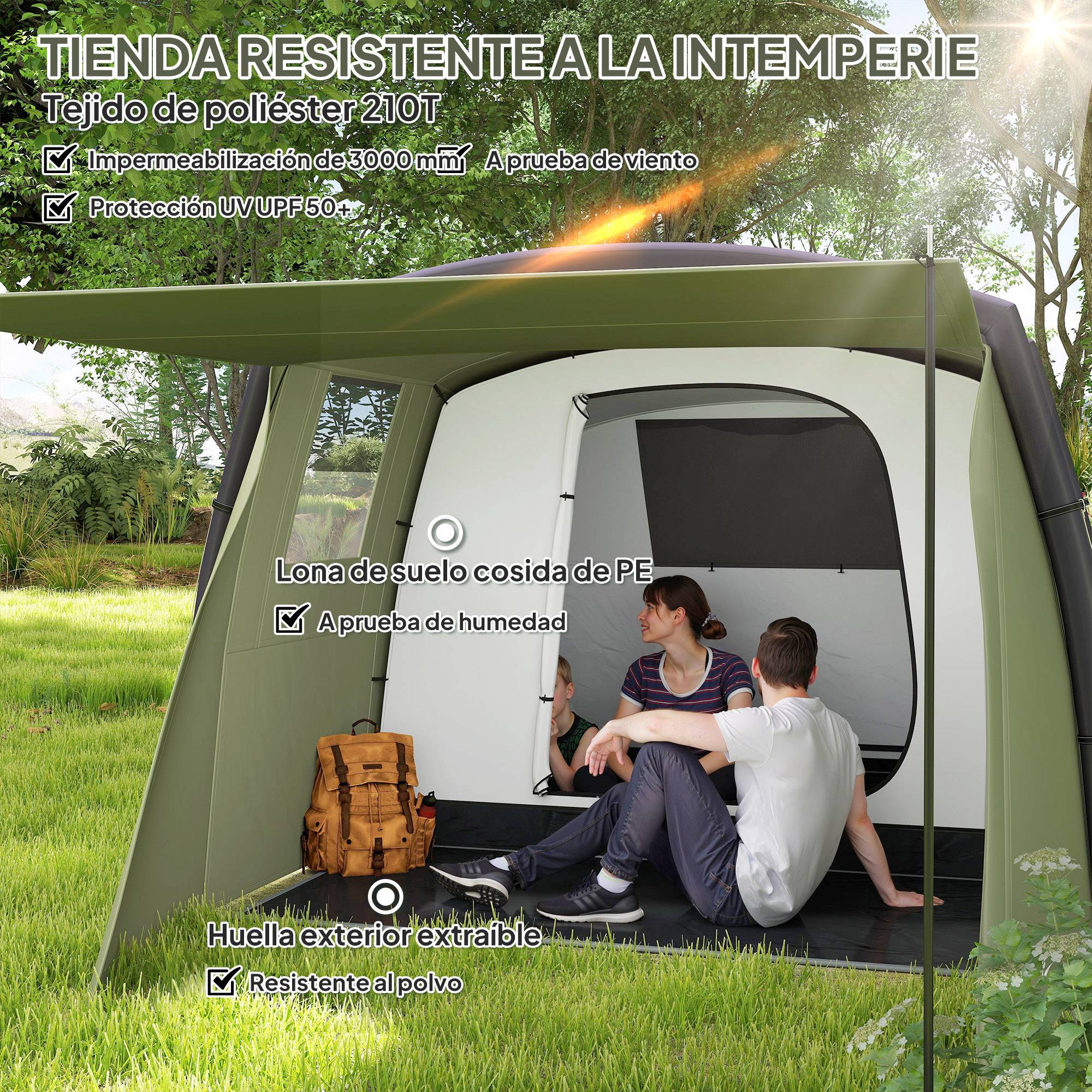 Tente tunnel gonflable pour 3 à 6 personnes avec vestibule, fenêtres en filet et sac de transport étanche, vert olive - Image 7
