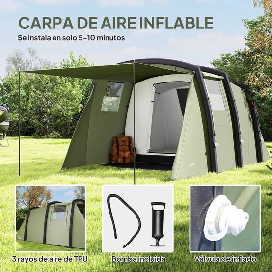 Tente tunnel gonflable pour 3 à 6 personnes avec vestibule, fenêtres en filet et sac de transport étanche, vert olive - Image 6