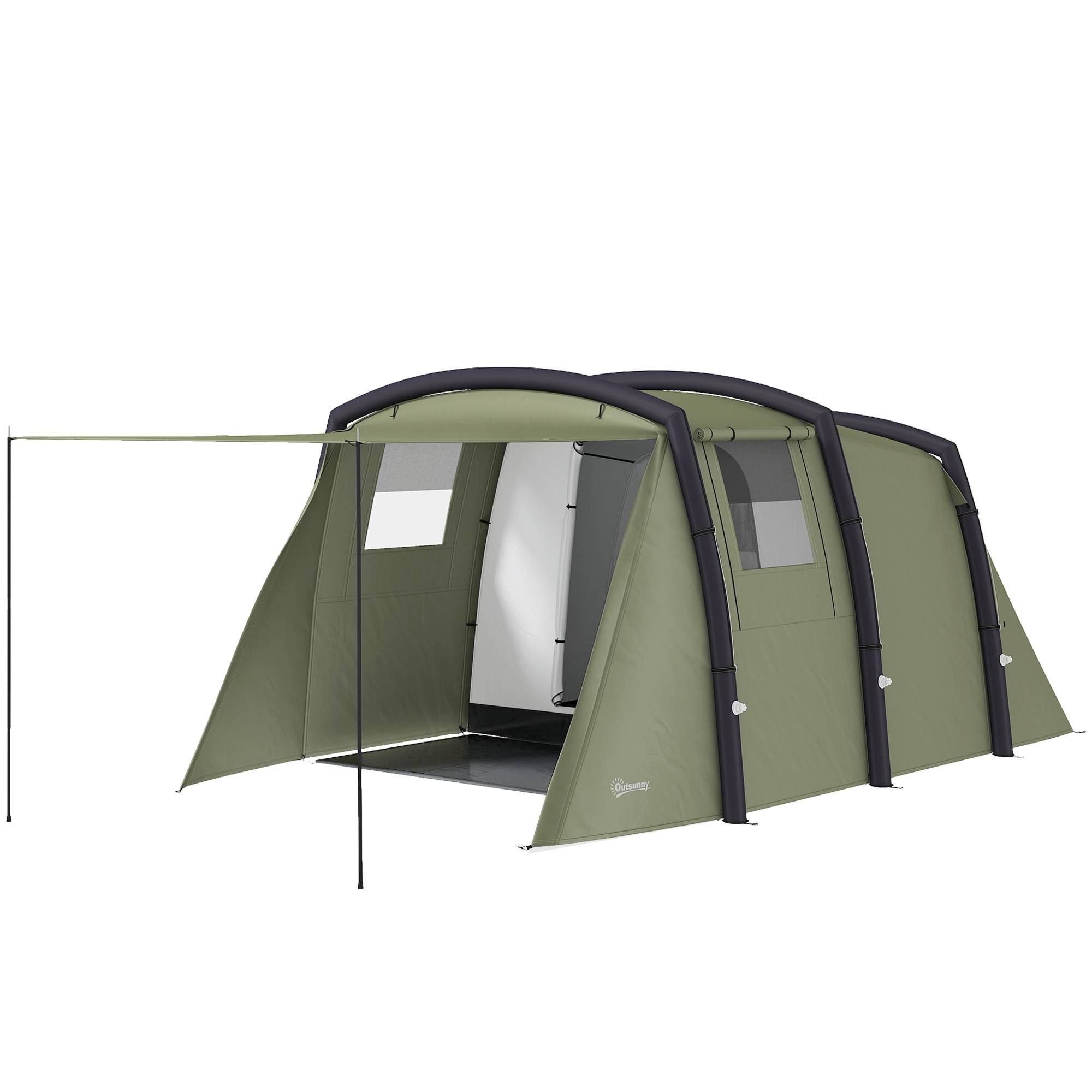 Tente tunnel gonflable pour 3 à 6 personnes avec vestibule, fenêtres en filet et sac de transport étanche, vert olive - Image 2