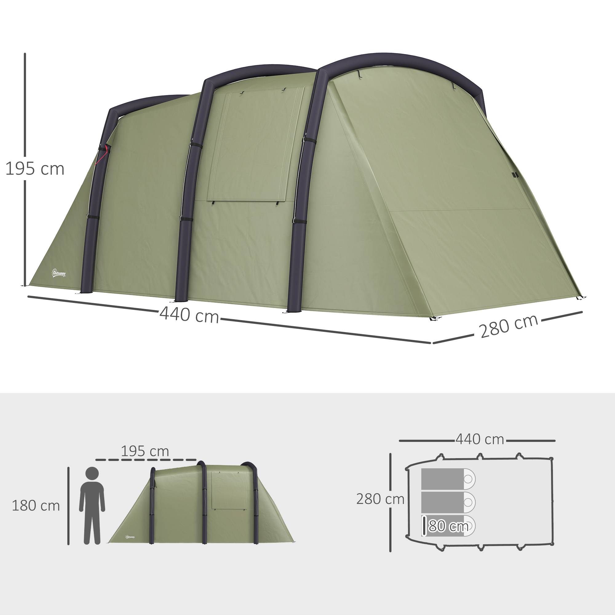 Tente tunnel gonflable pour 3 à 6 personnes avec vestibule, fenêtres en filet et sac de transport étanche, vert olive - Image 5