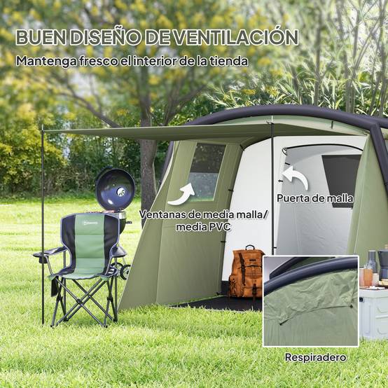 Tente tunnel gonflable pour 3 à 6 personnes avec vestibule, fenêtres en filet et sac de transport étanche, vert olive - Image 9