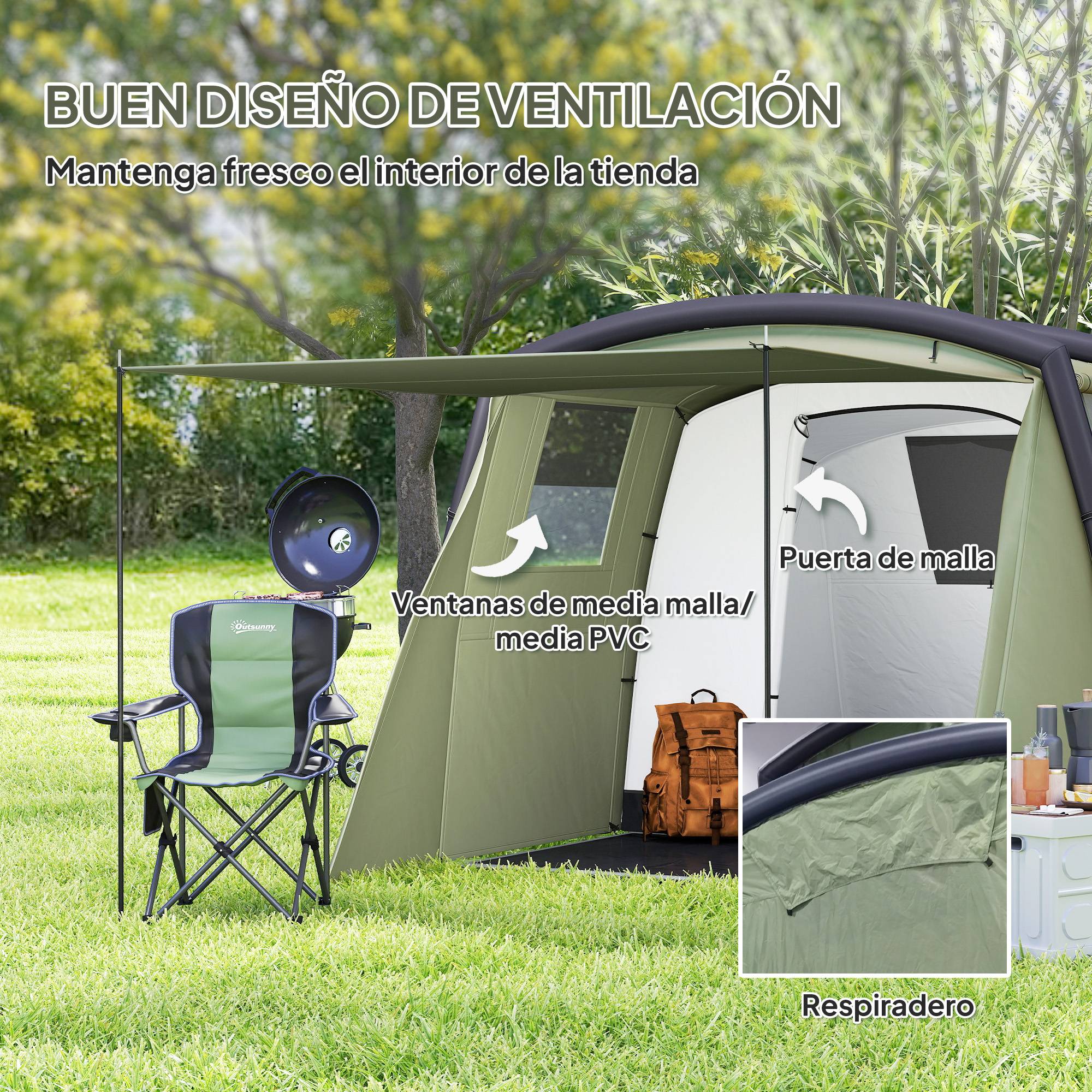 Tente tunnel gonflable pour 3 à 6 personnes avec vestibule, fenêtres en filet et sac de transport étanche, vert olive - Image 9