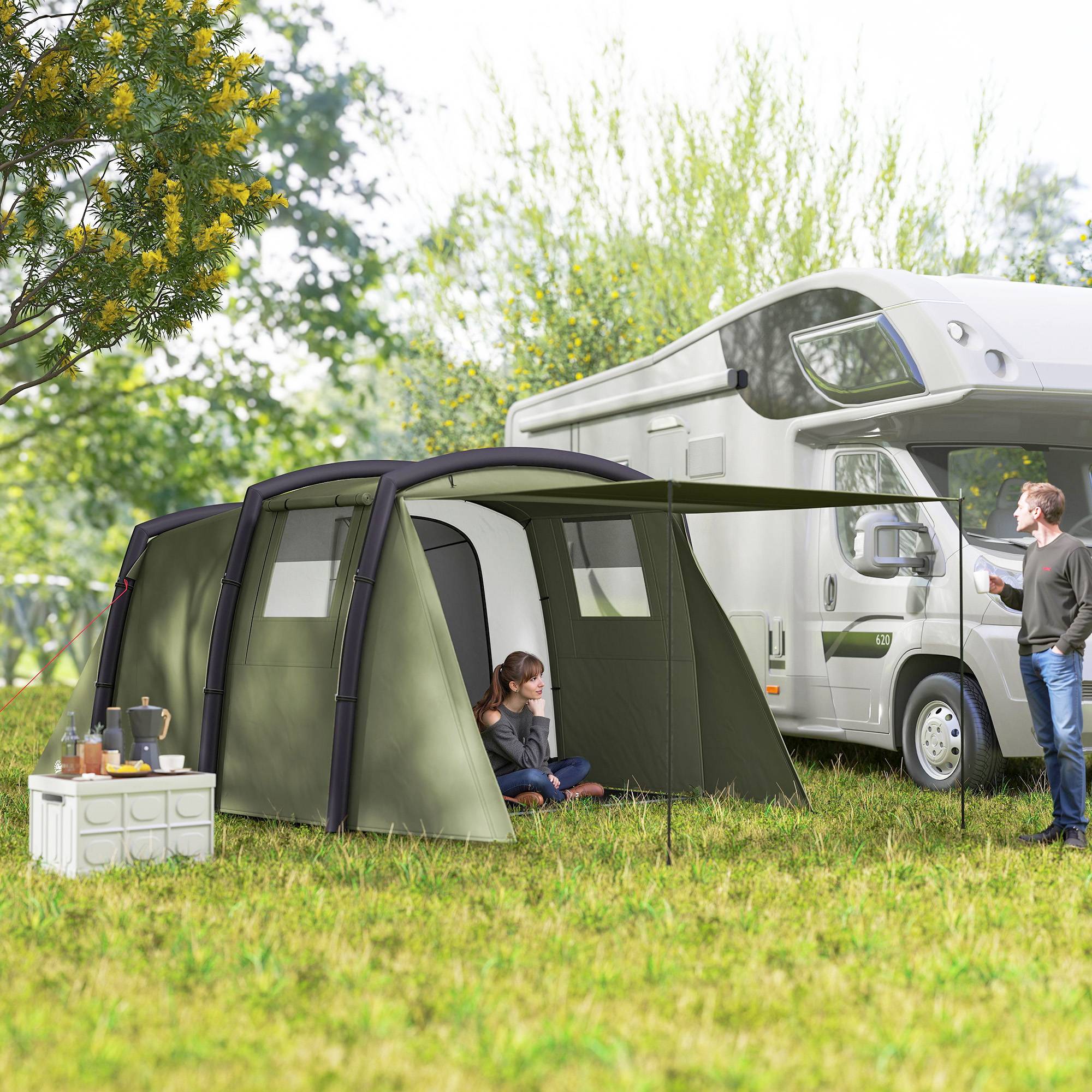 Tente tunnel gonflable pour 3 à 6 personnes avec vestibule, fenêtres en filet et sac de transport étanche, vert olive - Image 3