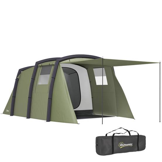 Tente tunnel gonflable pour 3 à 6 personnes avec vestibule, fenêtres en filet et sac de transport étanche, vert olive - Image 1