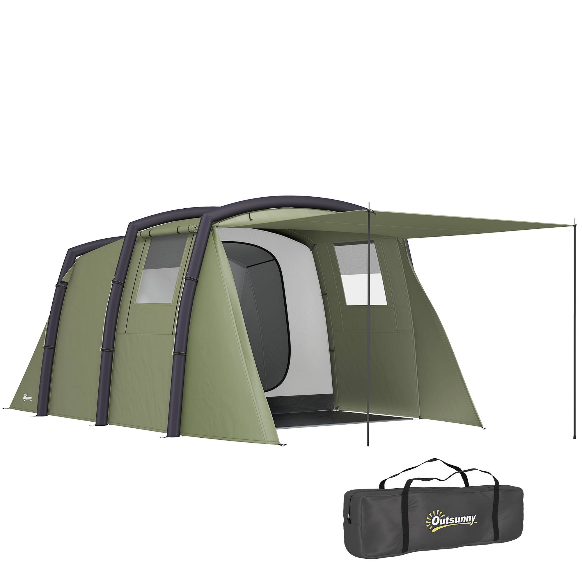 Tente tunnel gonflable pour 3 à 6 personnes avec vestibule, fenêtres en filet et sac de transport étanche, vert olive - Image 1