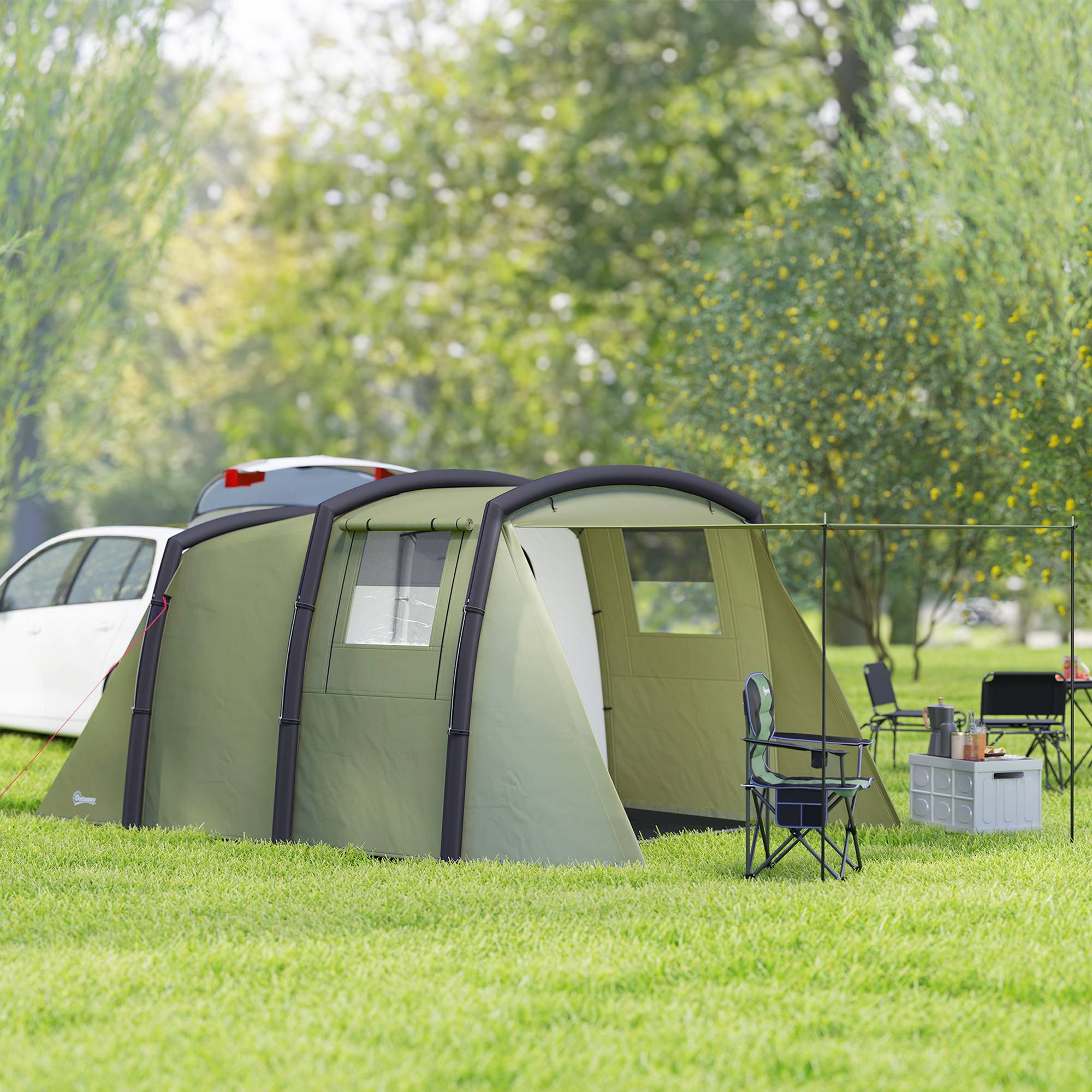 Tente tunnel gonflable pour 3 à 6 personnes avec vestibule, fenêtres en filet et sac de transport étanche, vert olive - Image 4