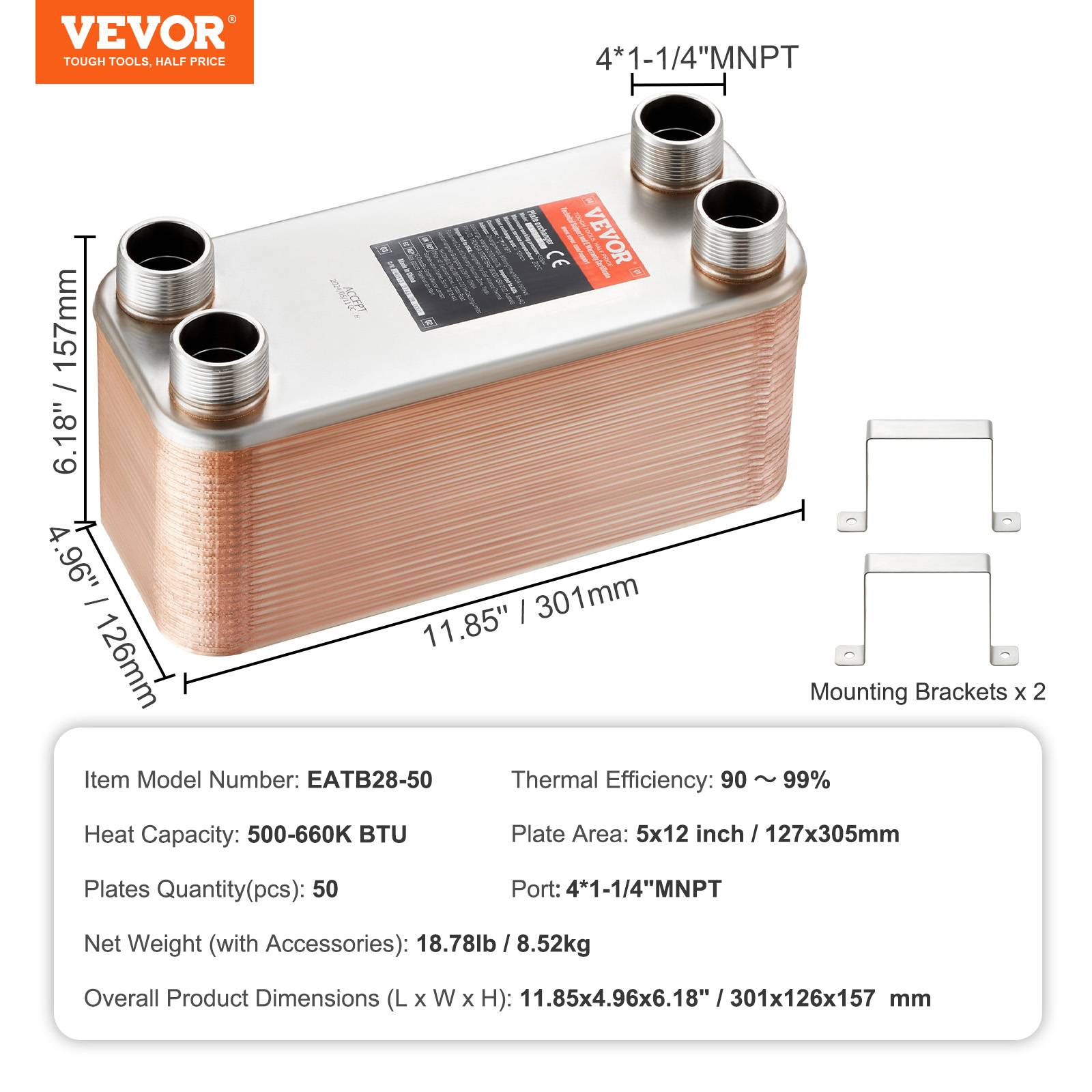 VEVOR Échangeur chaleur plaques brasées, 50 plaques. Cuivre/inox 316L. - Image 7