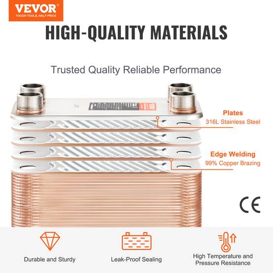 VEVOR Échangeur chaleur plaques brasées, 50 plaques. Cuivre/inox 316L. - Image 2