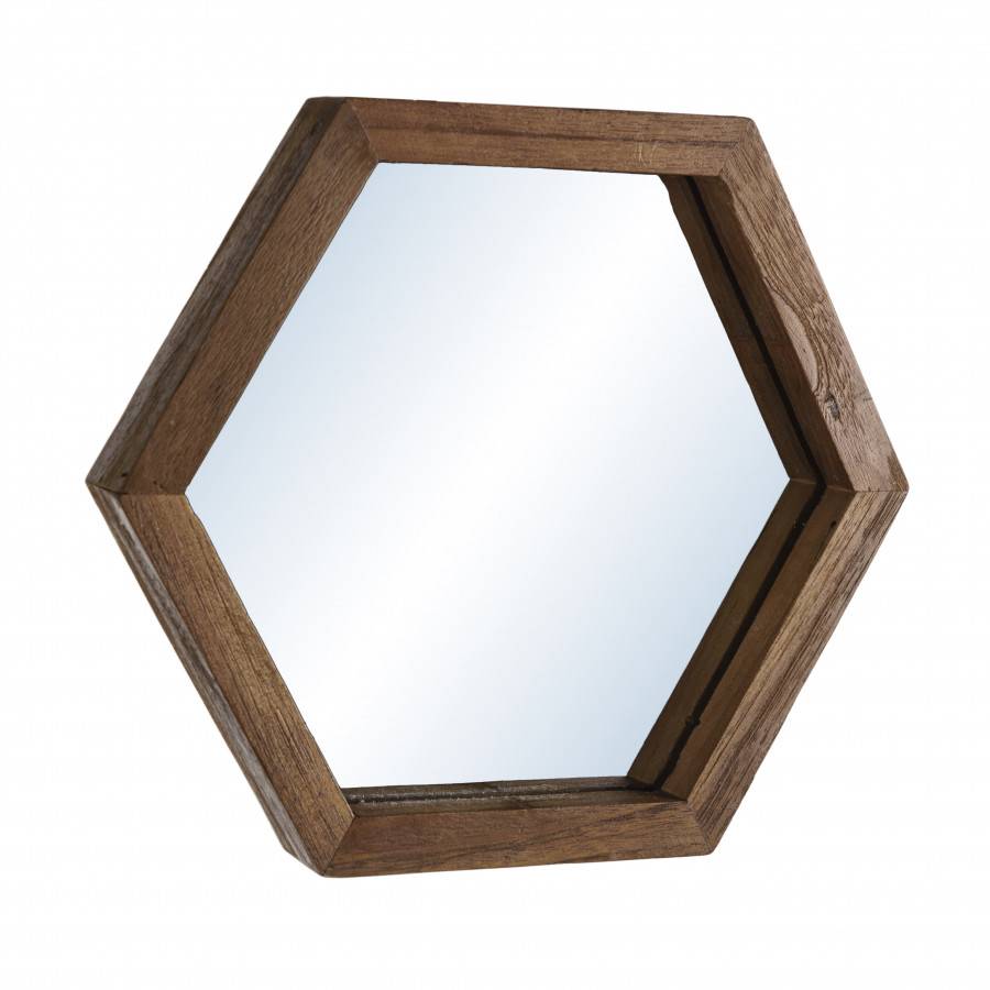 Macabane - ALIDA - Miroir 'S' marron structure bois teck recyclé forme hexagone - Imagen 7