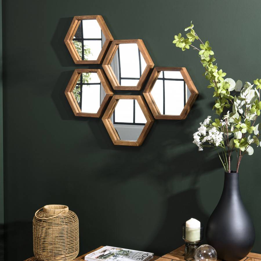 Macabane - ALIDA - Miroir 'S' marron structure bois teck recyclé forme hexagone - Imagen 2