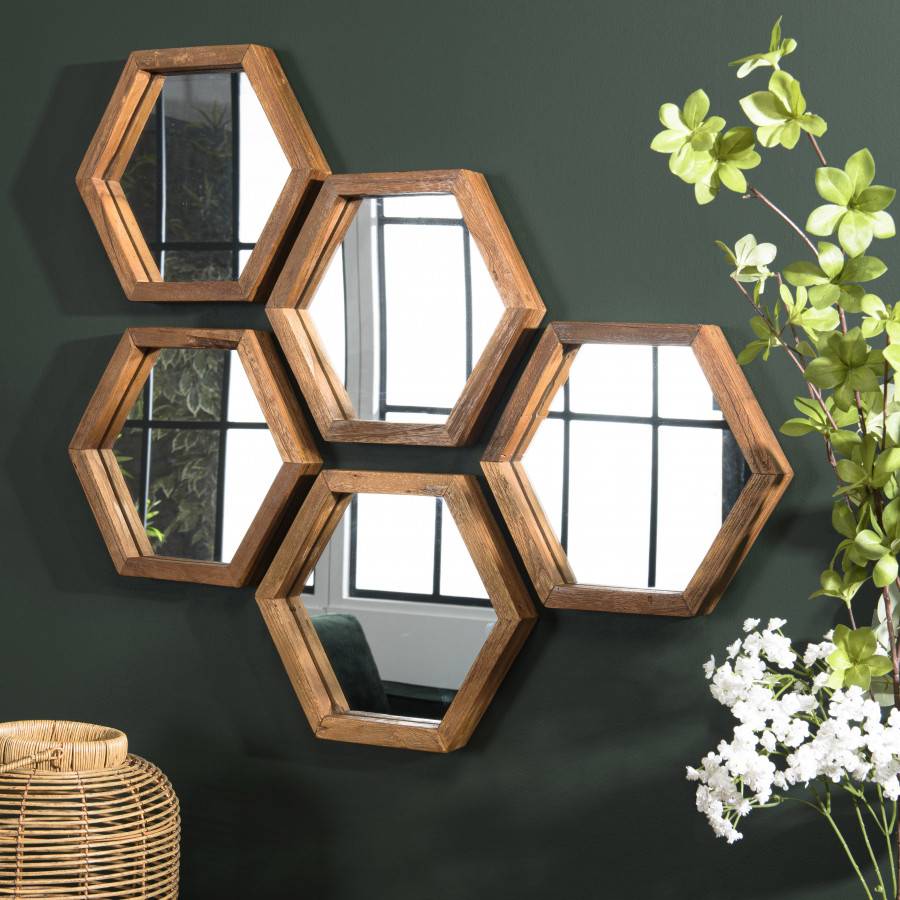 Macabane - ALIDA - Miroir 'S' marron structure bois teck recyclé forme hexagone - Imagen 4