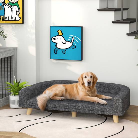 Lit Canapé pour Grand Chien Surélevé en Bois Couchage Confortable Coussin Lavable 98x67 cm Gris Foncé - ComfortXL Outdoor Living - Image 3