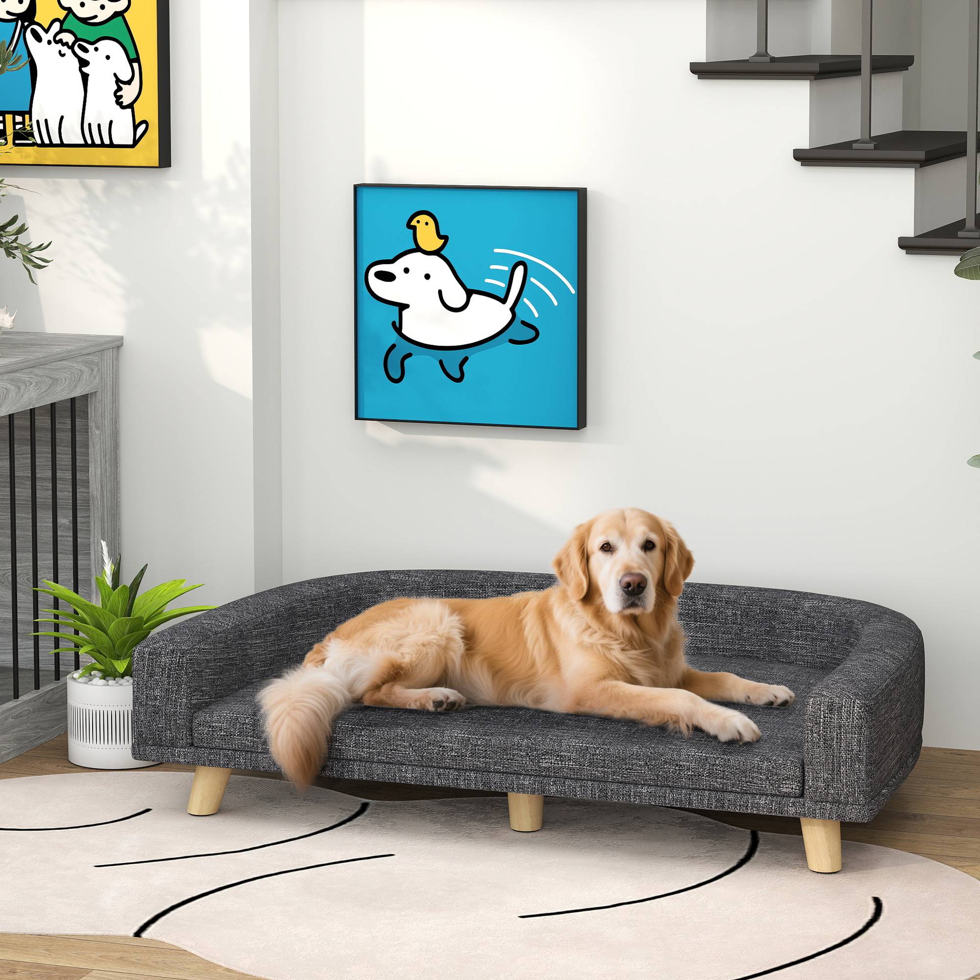 Lit Canapé pour Grand Chien Surélevé en Bois Couchage Confortable Coussin Lavable 98x67 cm Gris Foncé - ComfortXL Outdoor Living - Image 3