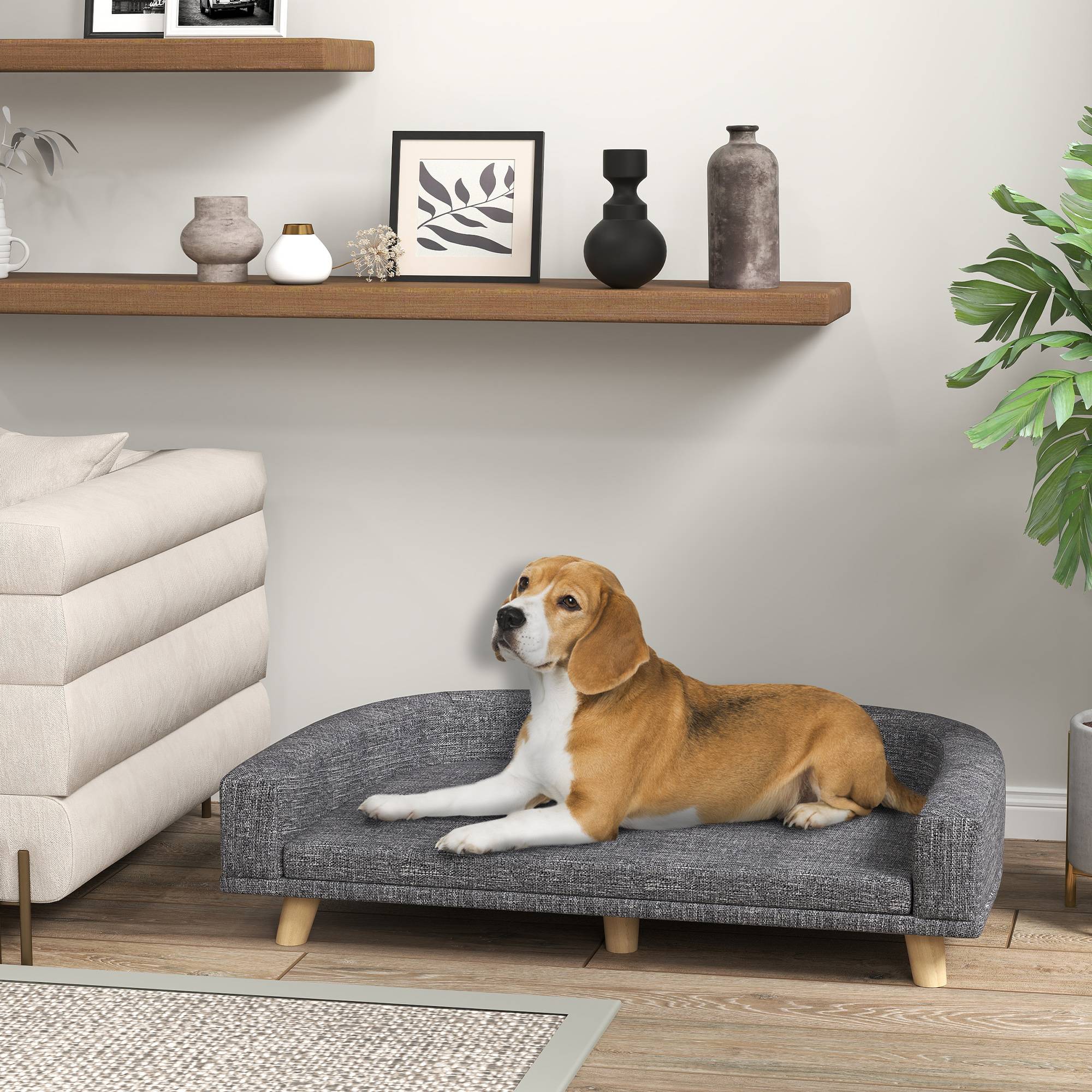Lit Canapé pour Grand Chien Surélevé en Bois Couchage Confortable Coussin Lavable 98x67 cm Gris Foncé - ComfortXL Outdoor Living - Image 4