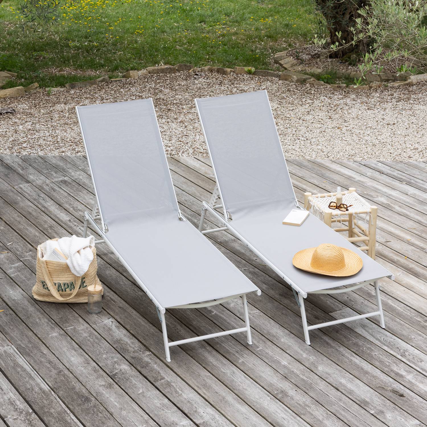 Lot de 2 bains de soleil pliants SICILIA en textilène gris - structure blanche - HAPPY GARDEN - Image 7