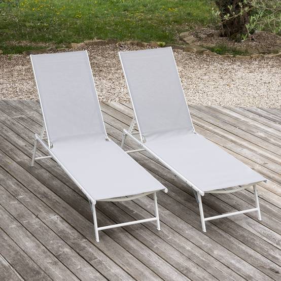 Lot de 2 bains de soleil pliants SICILIA en textilène gris - structure blanche - HAPPY GARDEN - Image 2