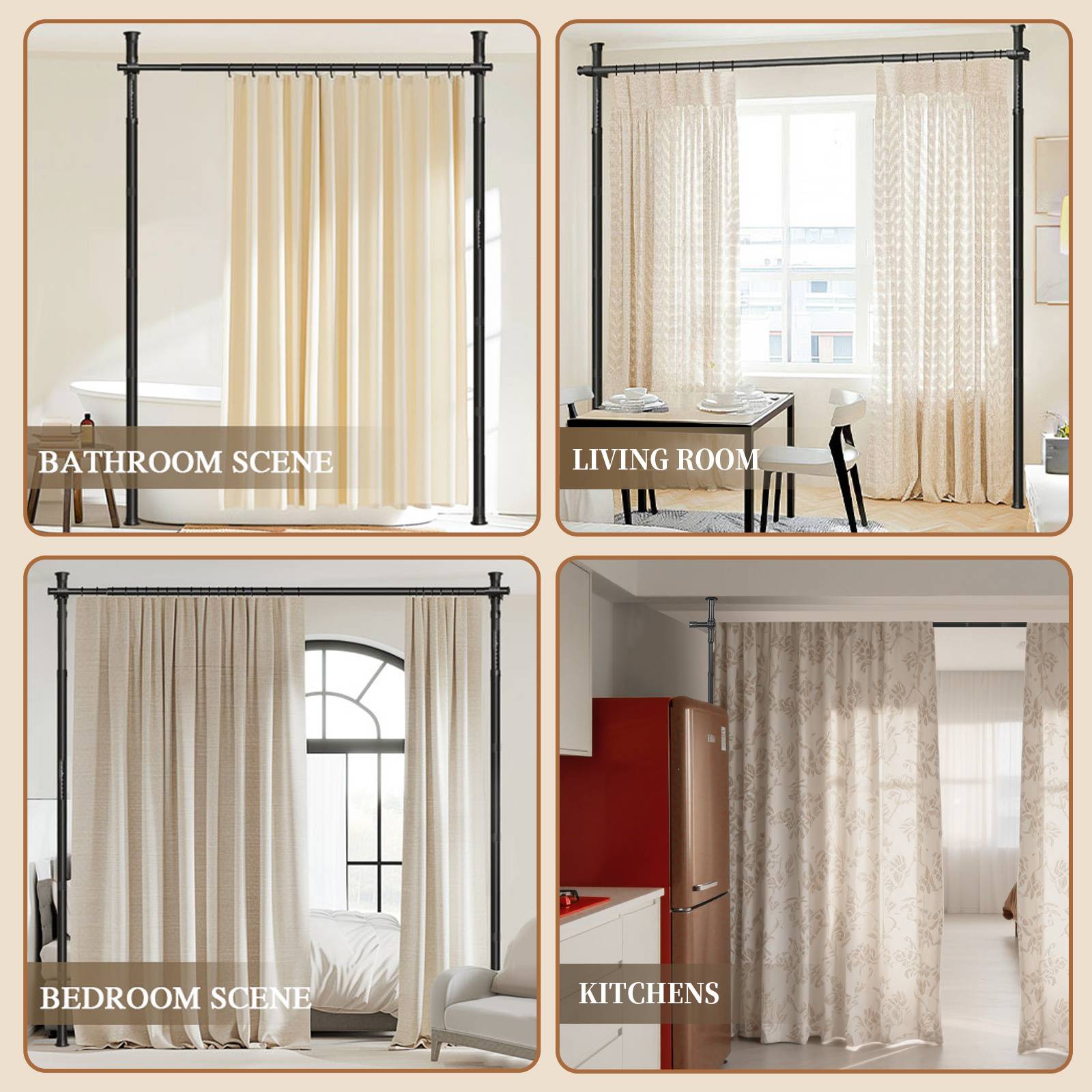 Todeco Tringle à Rideaux sans Percage, paravent interieur, écran réglable en flexibilité, 122 à 305 cm (H), 70 à 175 cm (l