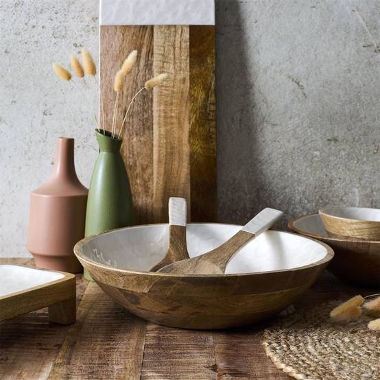 Saladier en bois de manguier avec intérieur texturé nid d'abeille beige (Ø33 cm) - - Image 2