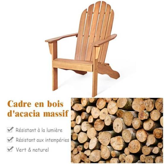 Chaise de Jardin Adirondack en Bois Résistant aux Intempéries avec Dossier Incurvé Charge 170KG Naturel - Image 3