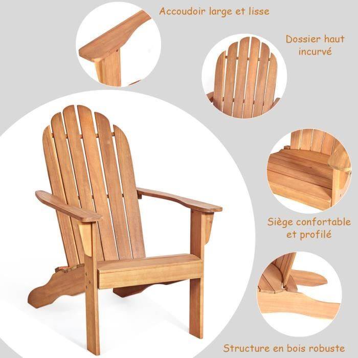 Chaise de Jardin Adirondack en Bois Résistant aux Intempéries avec Dossier Incurvé Charge 170KG Naturel - Image 2