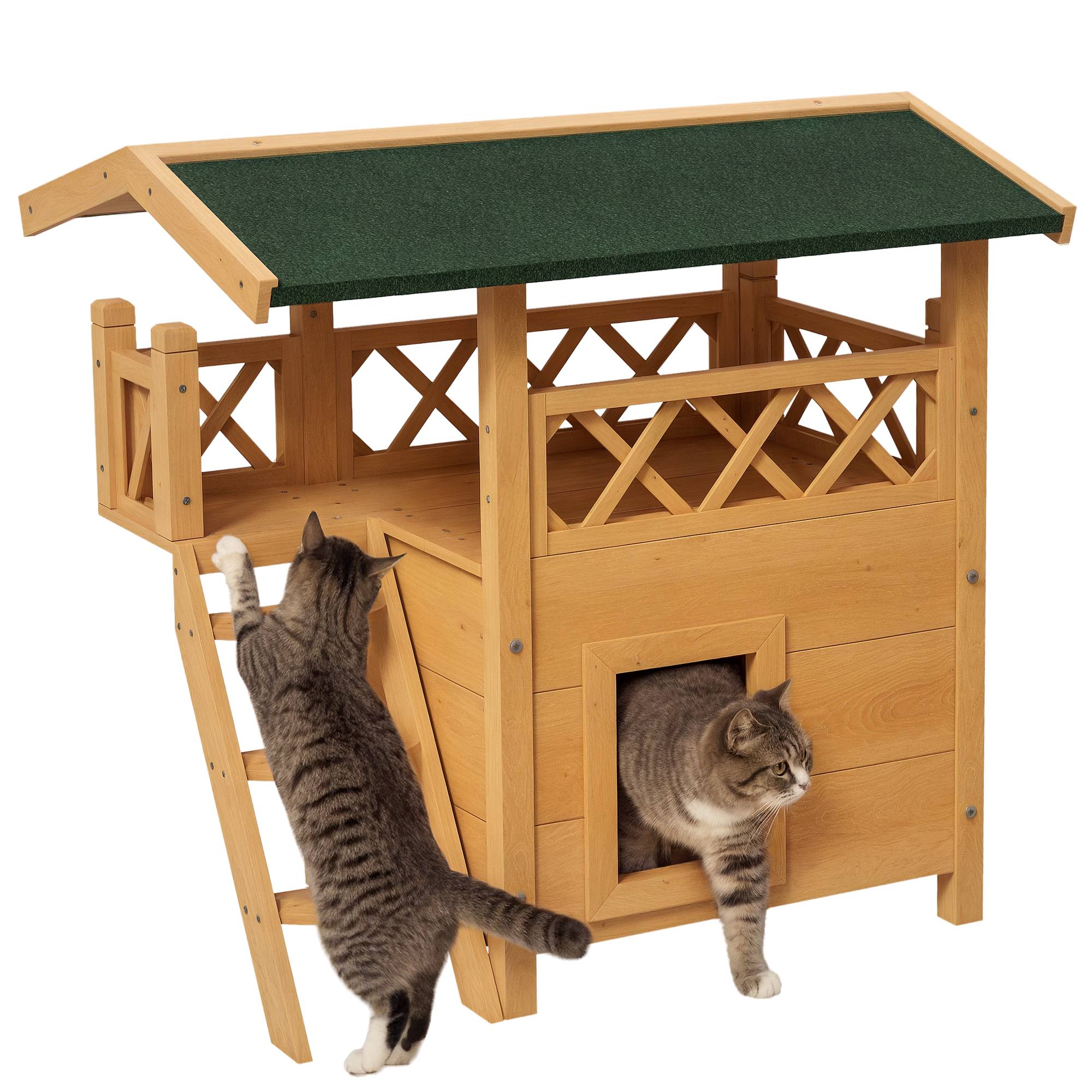 Sans Marque - Cabane Chat Extérieur avec Terrasse, Escalier, Toit, Niche Villa, 77 x 50 x 73 cm Bois Naturel et Vert